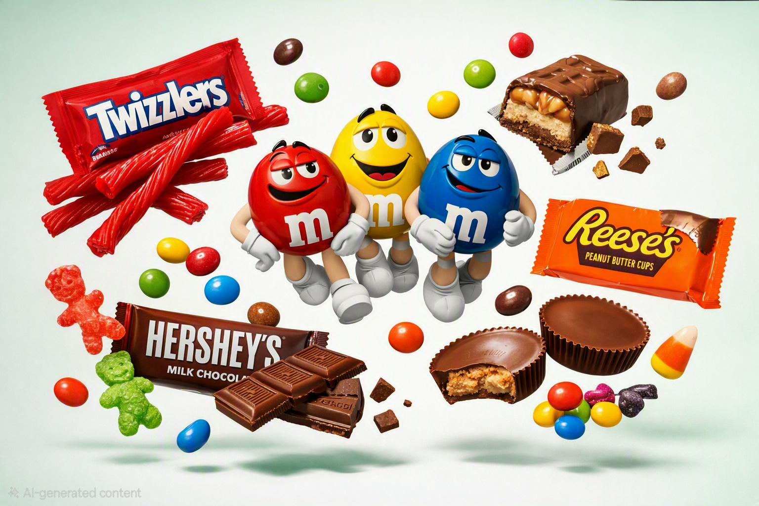 Twizzlers, M&Ms, Hershey's and Reese's candy floating against a pale background