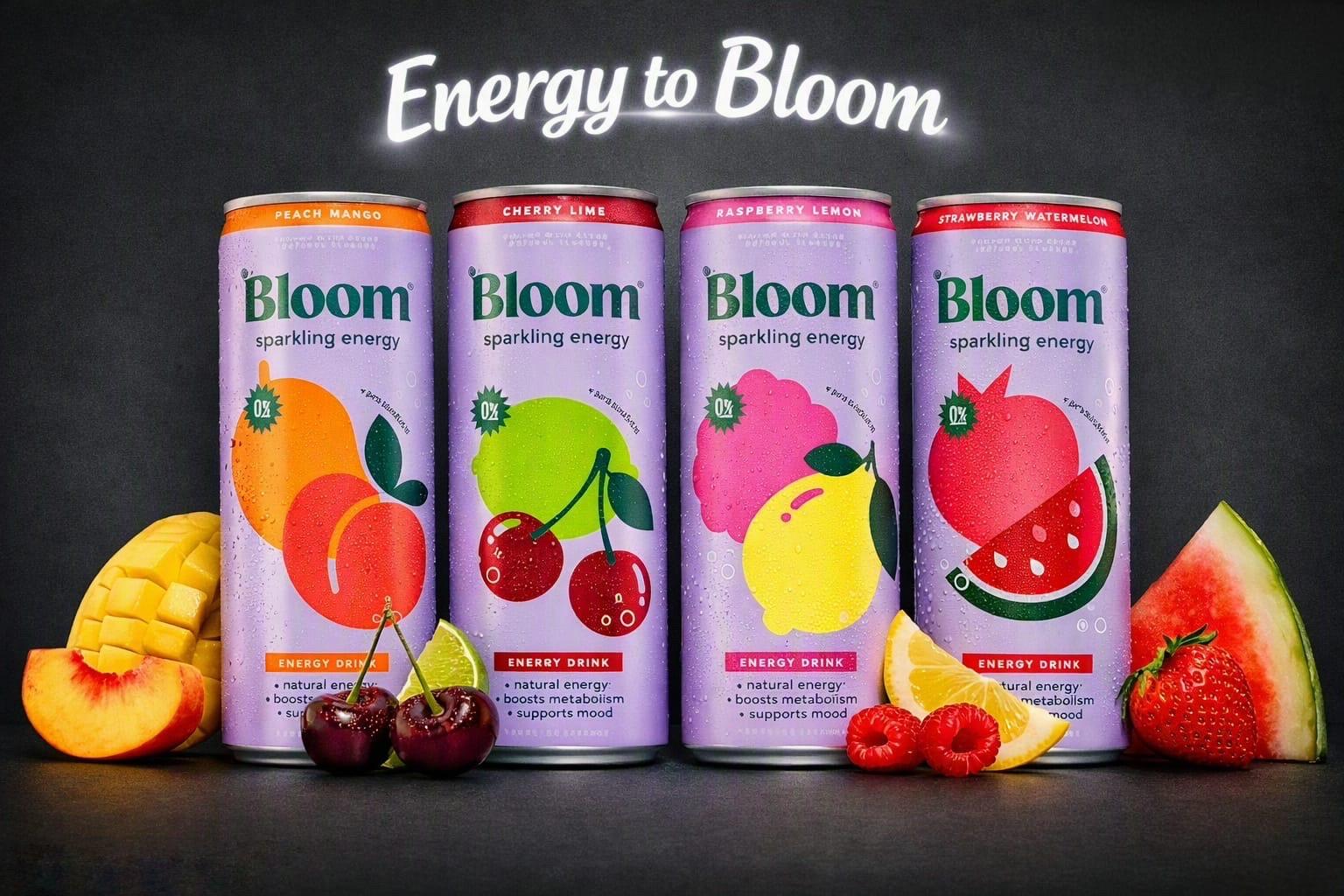 Four Bloom sparkling energy cans: Peach Mango, Cherry Lime, Raspberry Lemon and Strawberry Watermelon