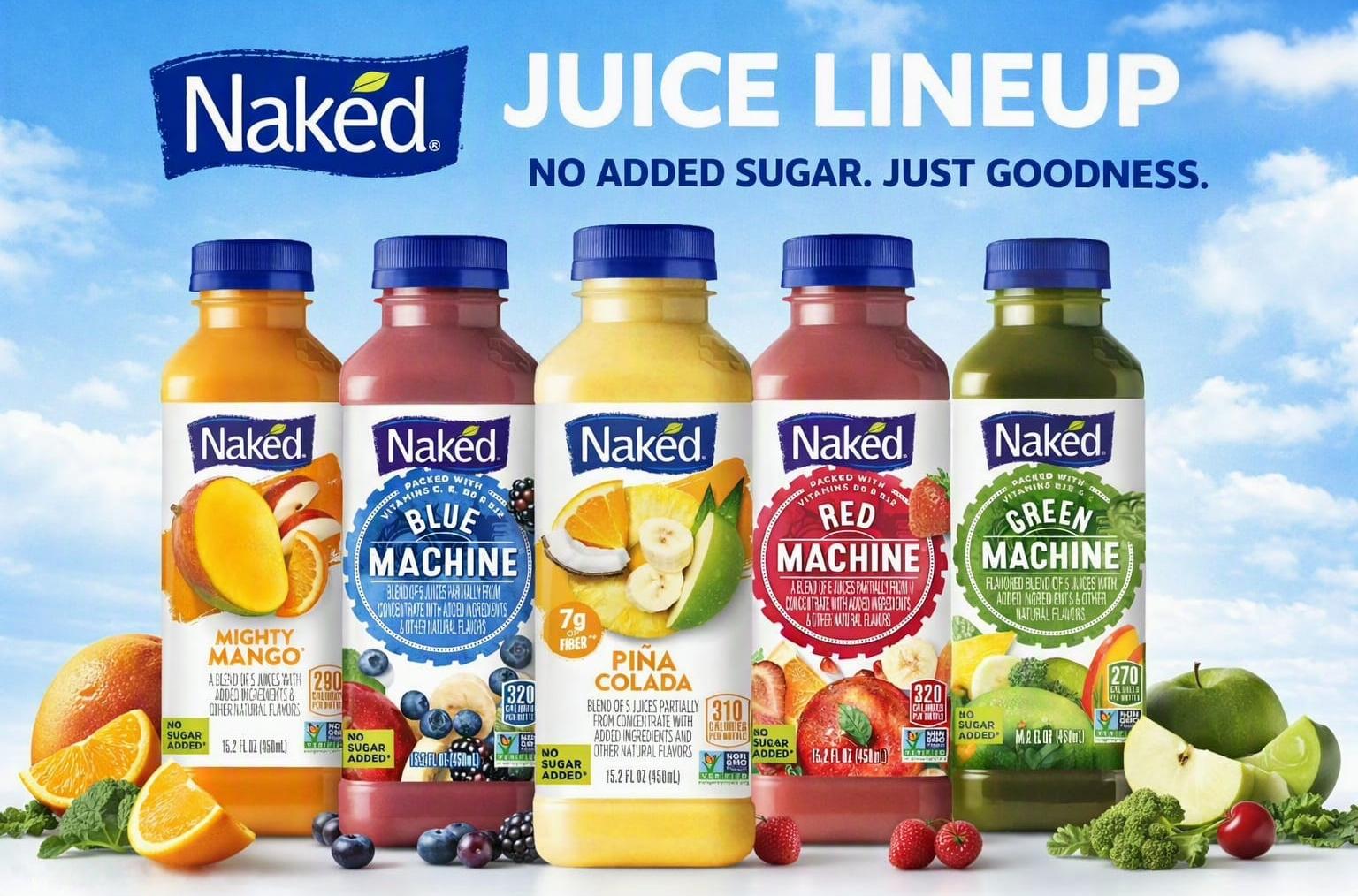 Five Naked juice bottles: Mighty Mango, Blue Machine, Piña Colada, Red Machine and Green Machine