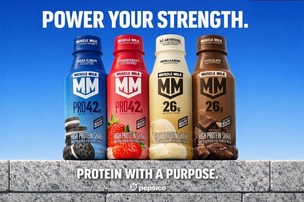 Four Muscle Milk high protein shake bottles: Cookies 'n Creme, Strawberries, Vanilla Crème and Chocolate