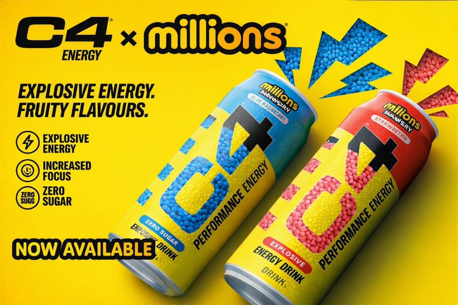 Two C4 Energy x Millions cans, Blue Raspberry and Strawberry, on a yellow background