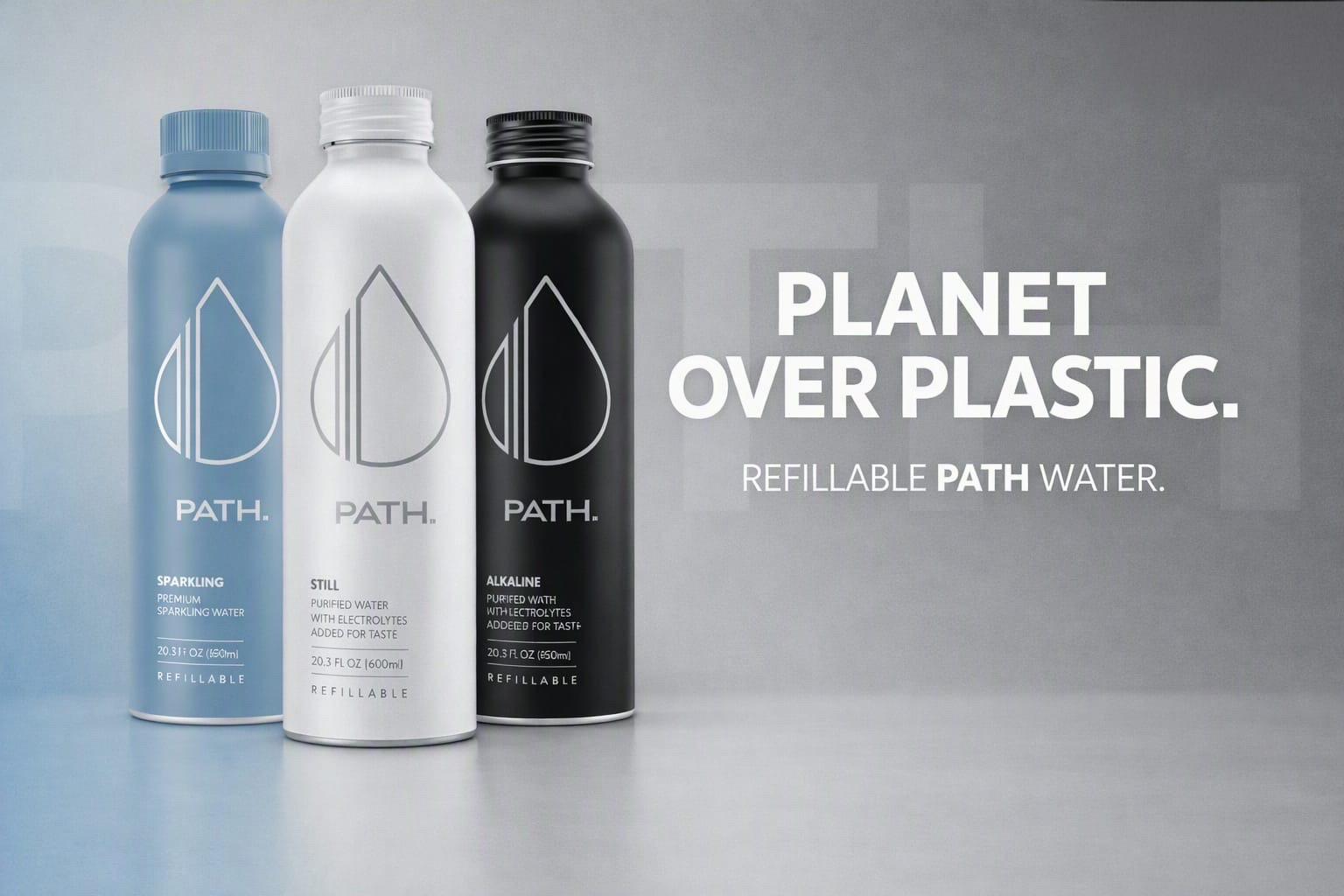 Three PATH aluminum water bottles in blue, white and black