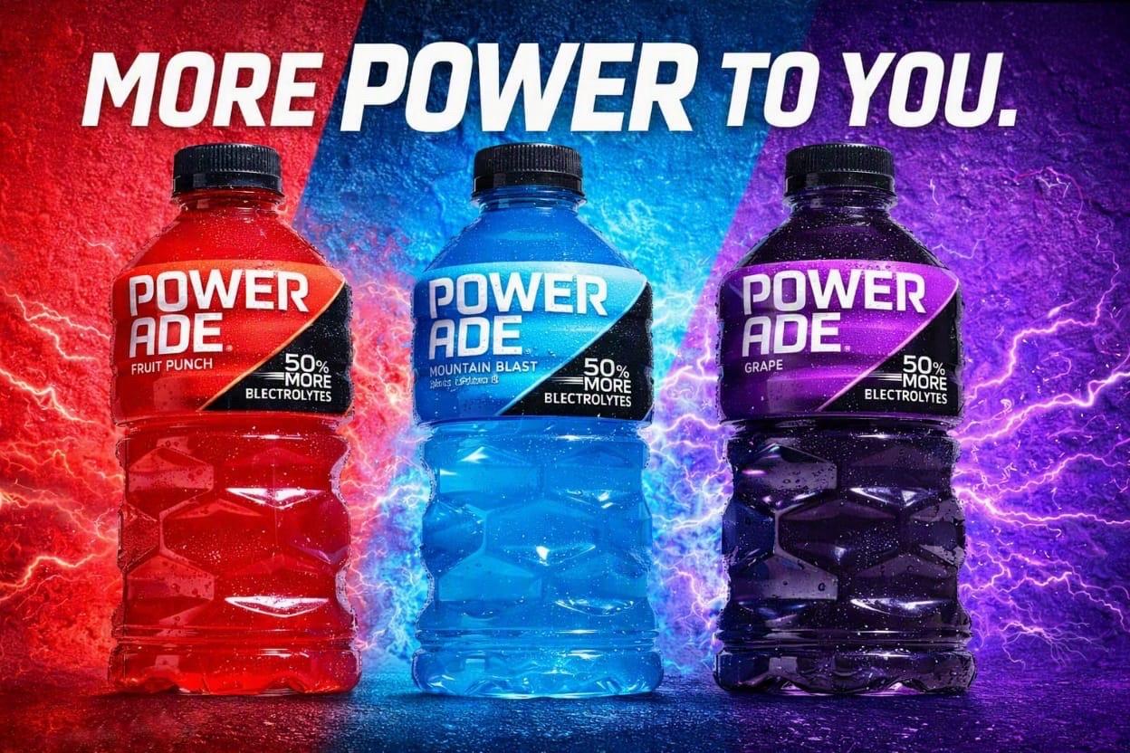 Three Powerade bottles: Fruit Punch, Mountain Blast and Grape