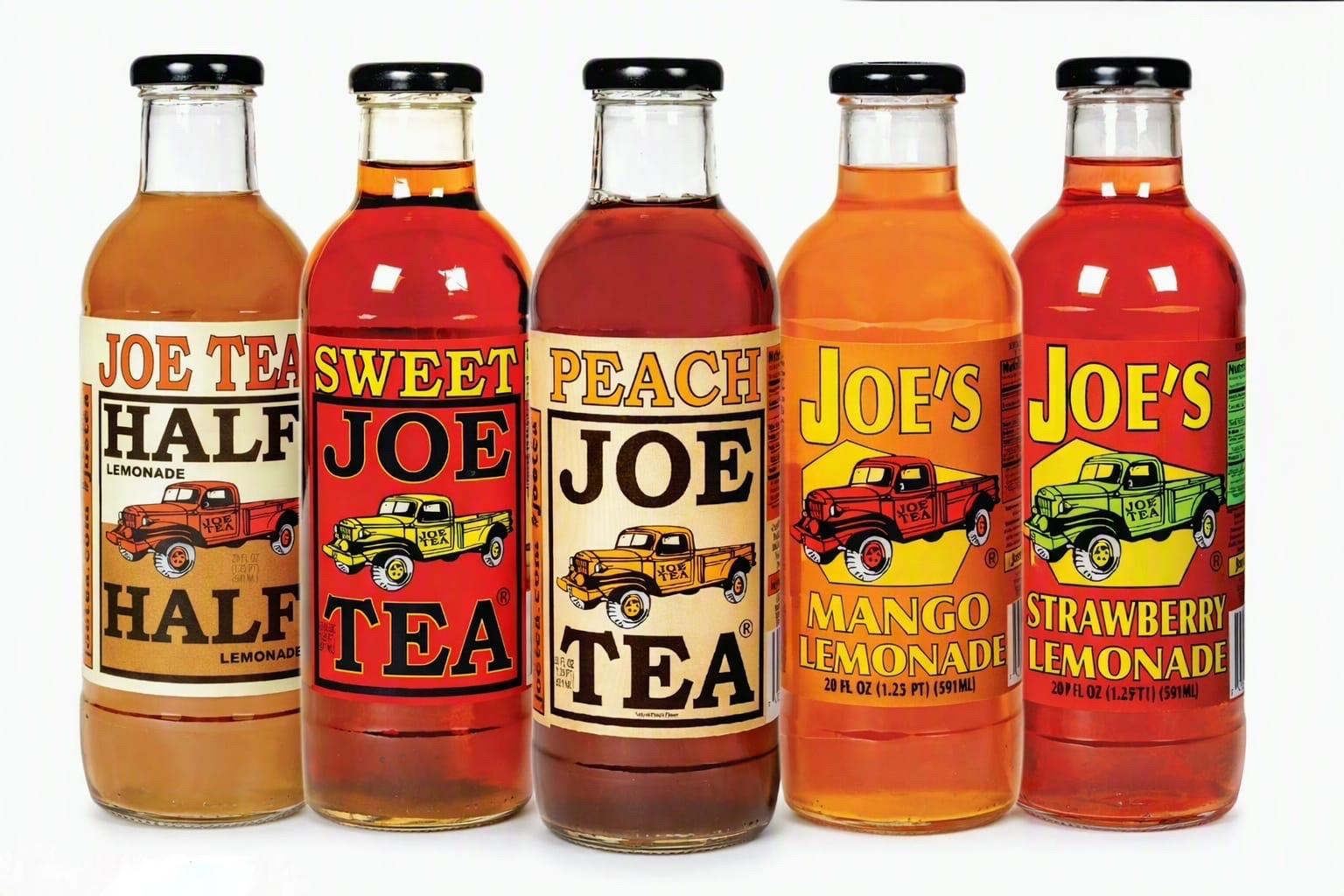 Five Joe Tea glass bottles: Half & Half, Sweet Tea, Peach Tea, Mango Lemonade and Strawberry Lemonade