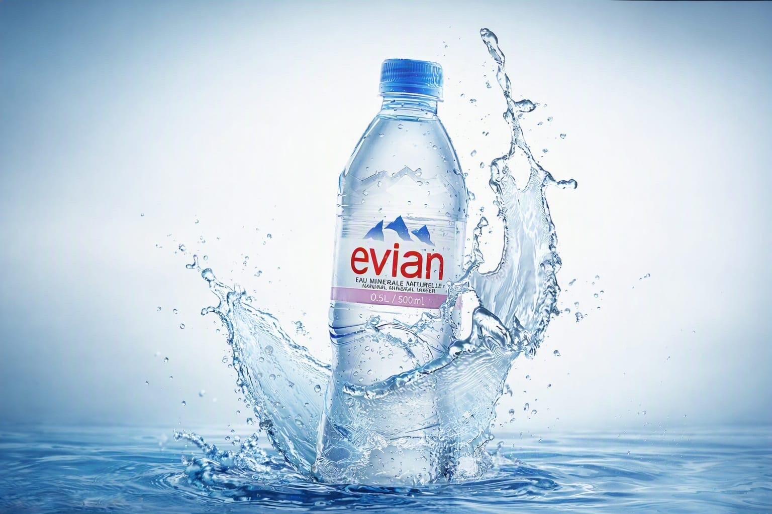 An evian bottle in a splash of water