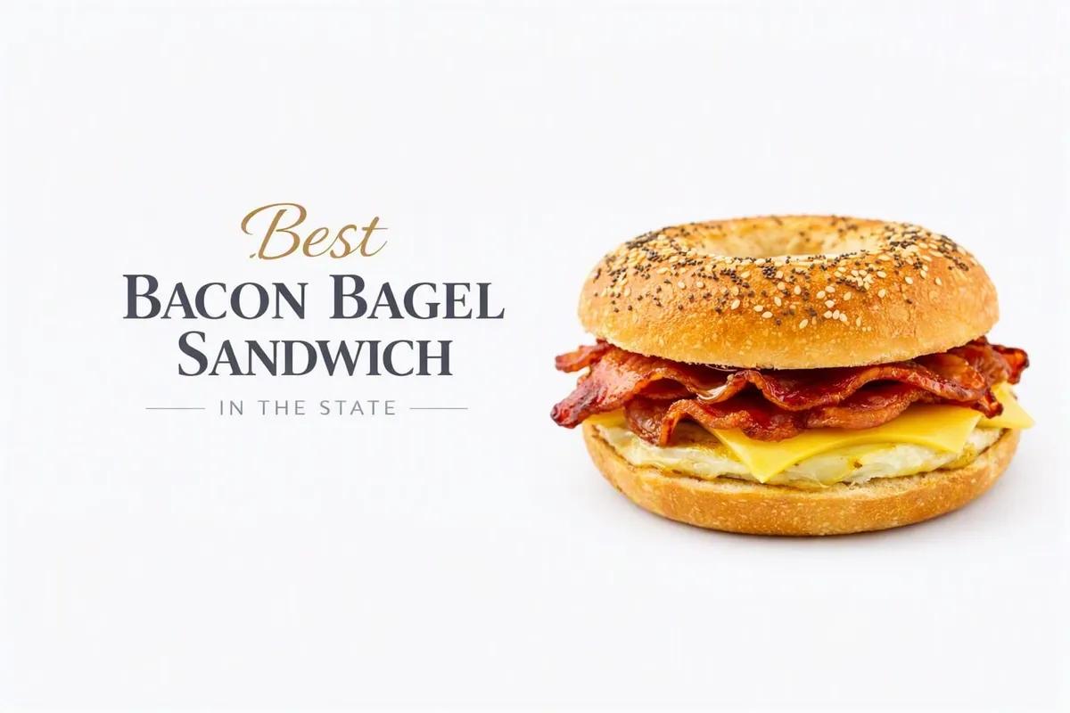 Bacon, egg and cheese breakfast sandwich on a sesame and poppy seed bagel, beside the words Best Bacon Bagel Sandwich in the State