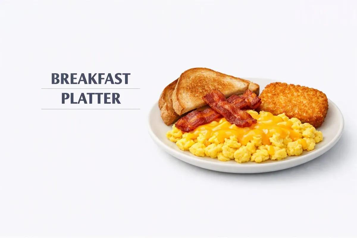 A breakfast platter of scrambled eggs with melted cheese, bacon, a hash brown and toast, labeled Breakfast Platter