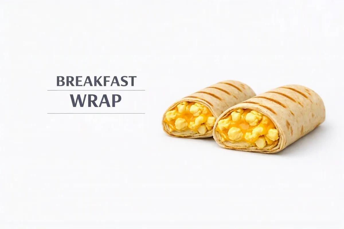 Two halves of a grilled breakfast wrap filled with scrambled egg and cheese, labeled Breakfast Wrap