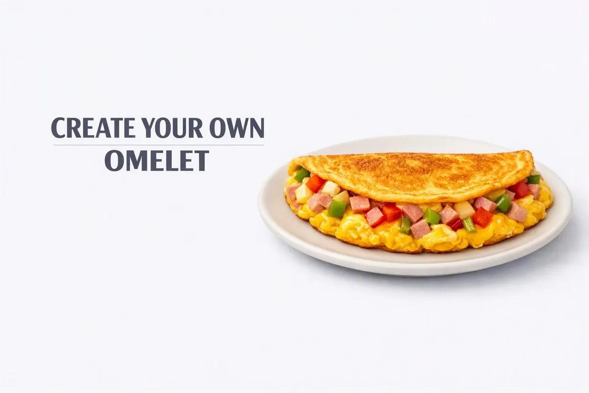 A folded omelet with ham, peppers and cheese on a plate, labeled Create Your Own Omelet
