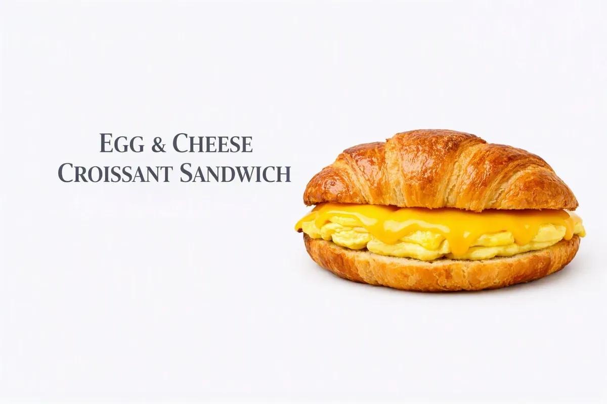 Egg and cheese breakfast sandwich on a buttery croissant, labeled Egg and Cheese Croissant Sandwich