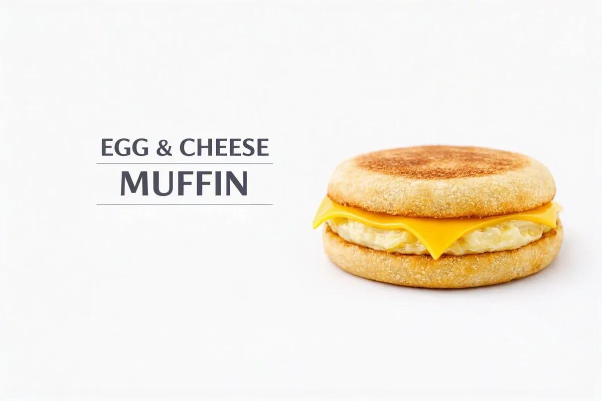 Egg and cheese breakfast sandwich on a toasted English muffin, labeled Egg and Cheese Muffin