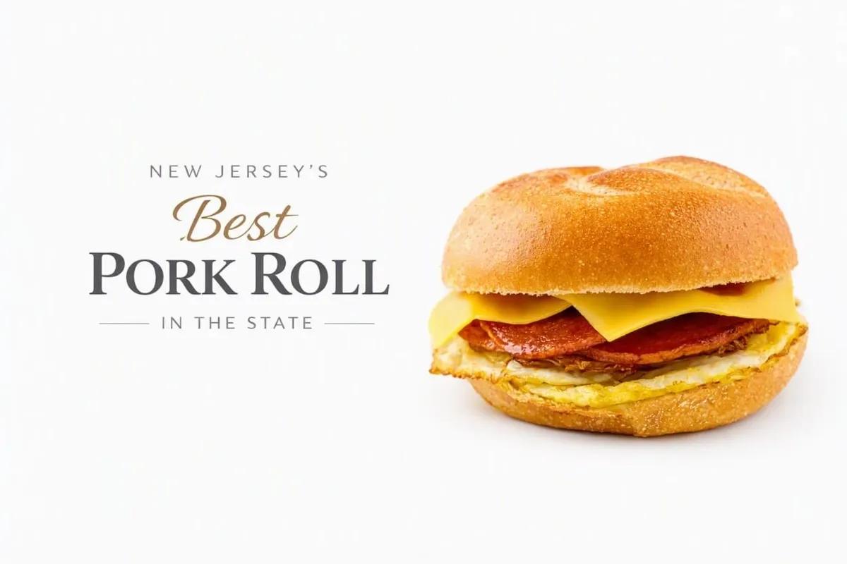 Pork roll, egg and cheese on a kaiser roll, beside the words New Jersey's Best Pork Roll in the State