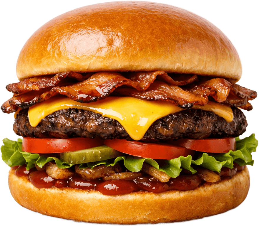 A bacon cheeseburger with melted American cheese and crisp bacon