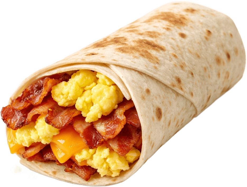 A bacon, egg and cheese wrap cut in half