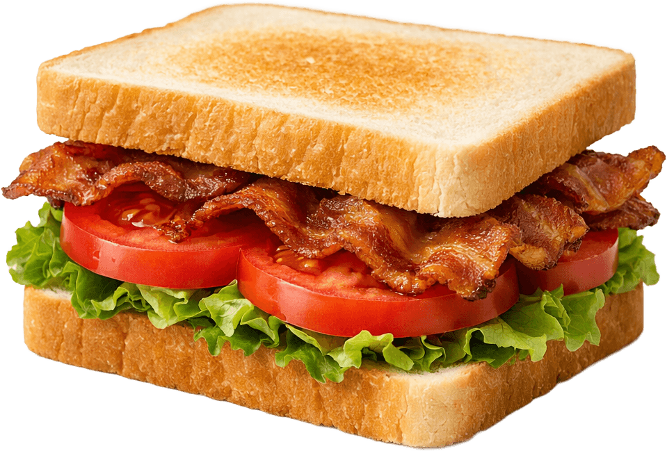 A BLT sandwich on toasted white bread, cut in half