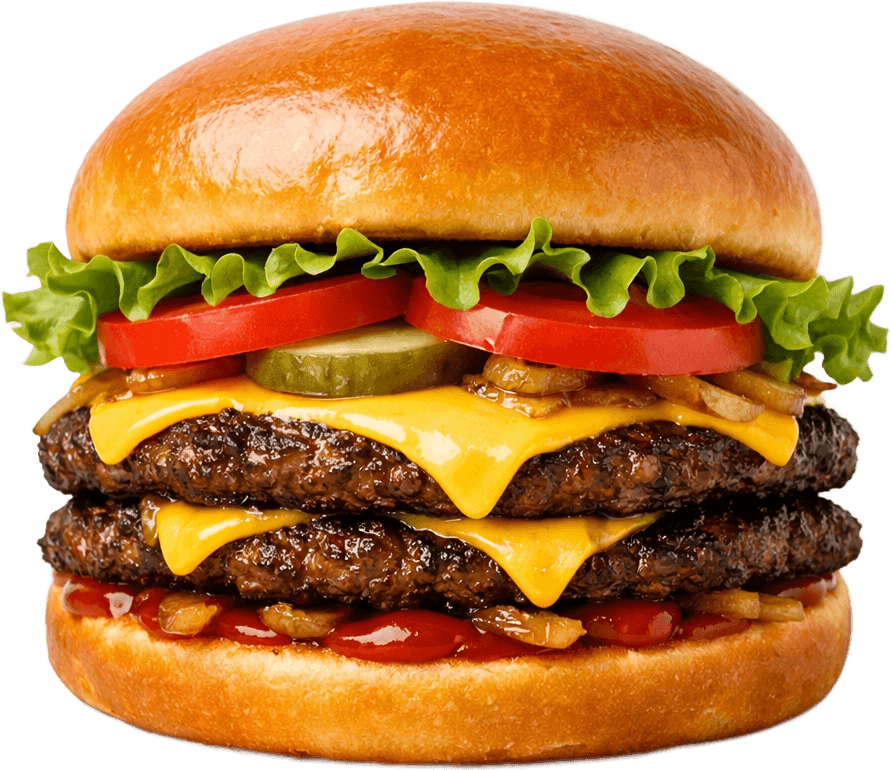 A double cheeseburger with melted American cheese, lettuce, tomato and pickle