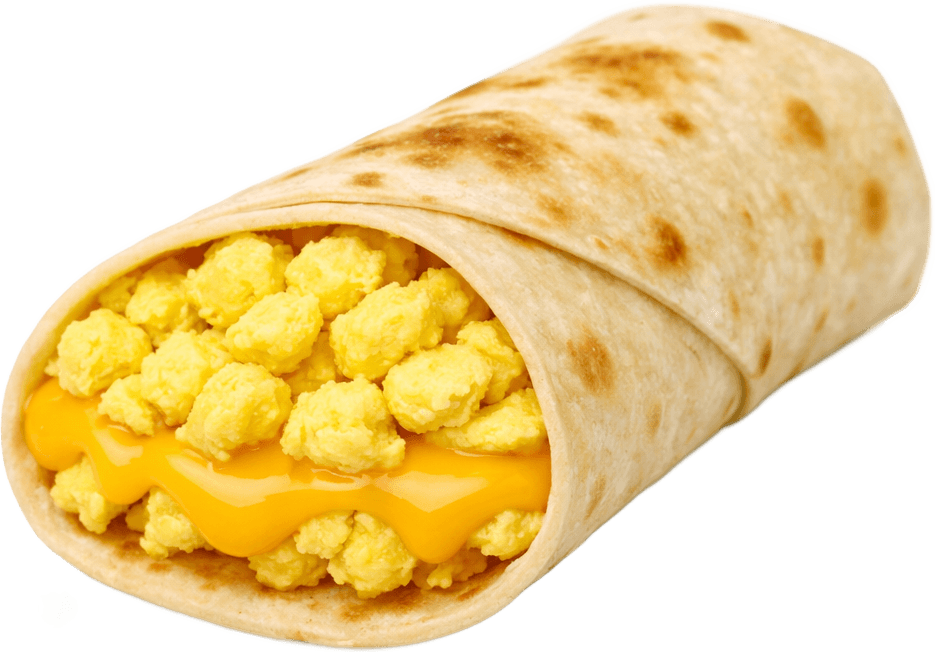 An egg and cheese wrap cut in half