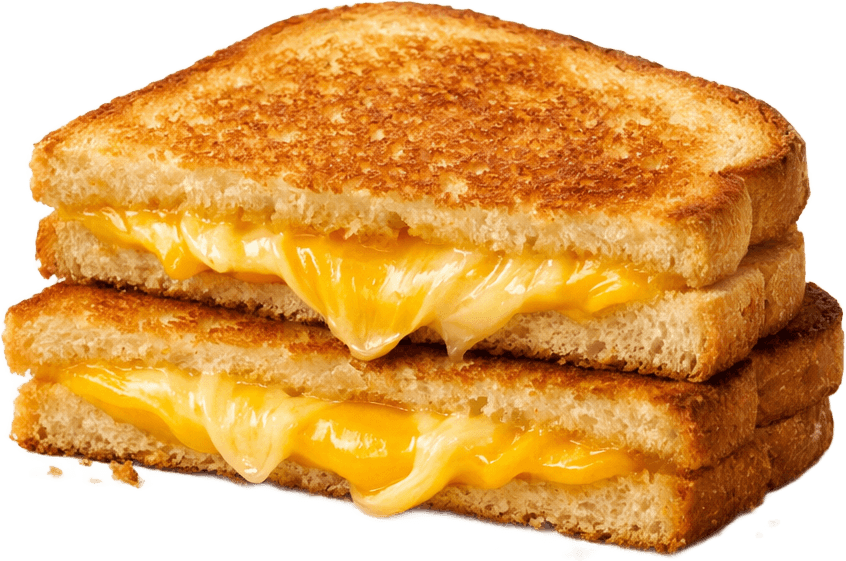 A grilled cheese sandwich cut in half, showing melted cheese