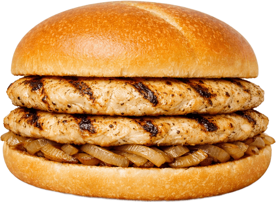 A grilled chicken roll with two patties and sautéed onions