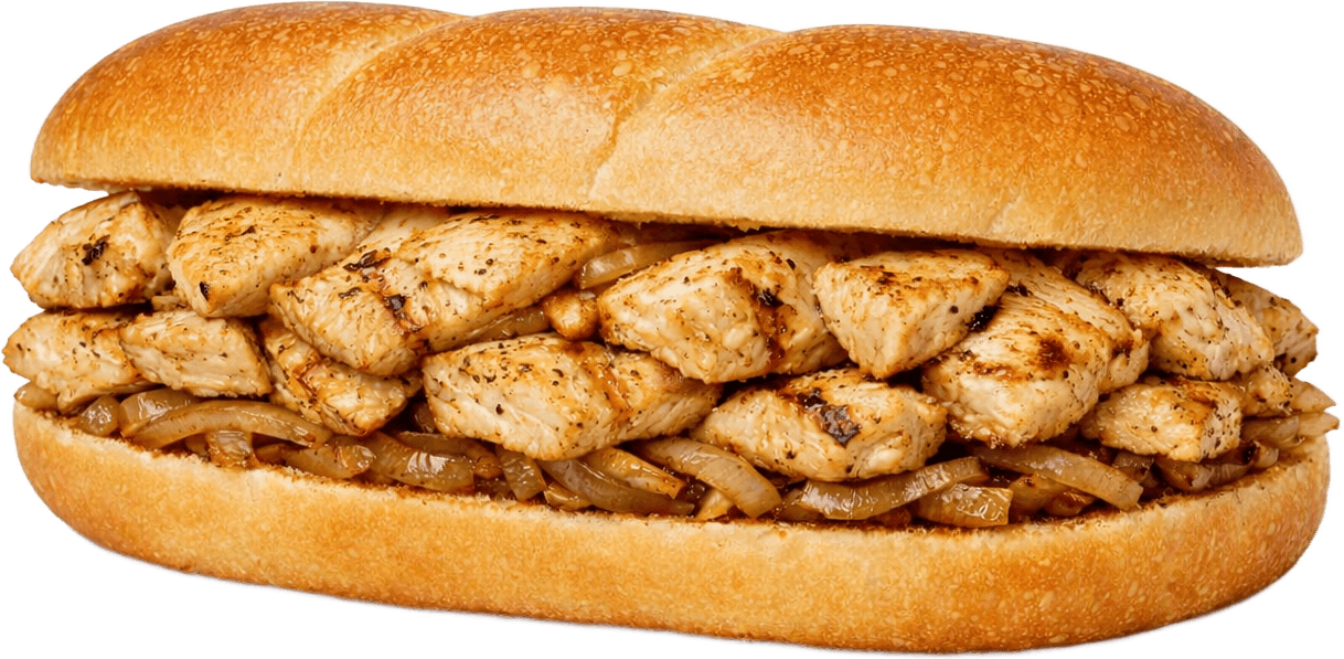 A grilled chicken sub with sautéed onions on a sub roll