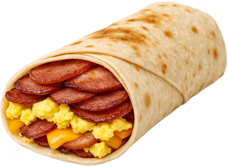 A pork roll, egg and cheese wrap cut in half
