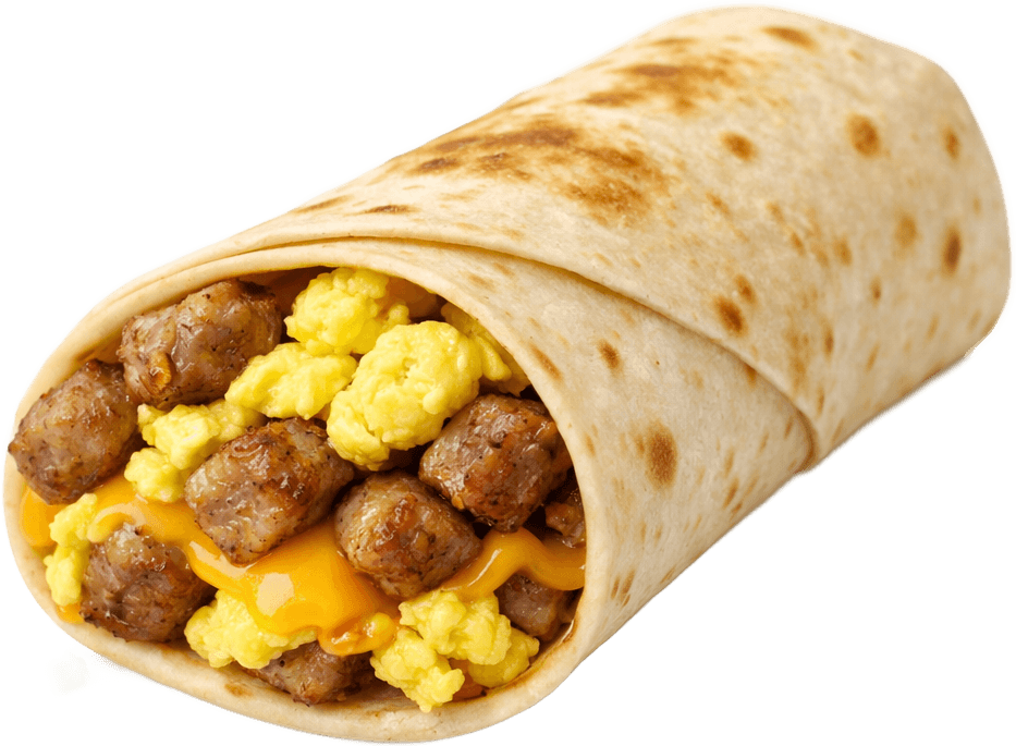 A sausage, egg and cheese wrap cut in half
