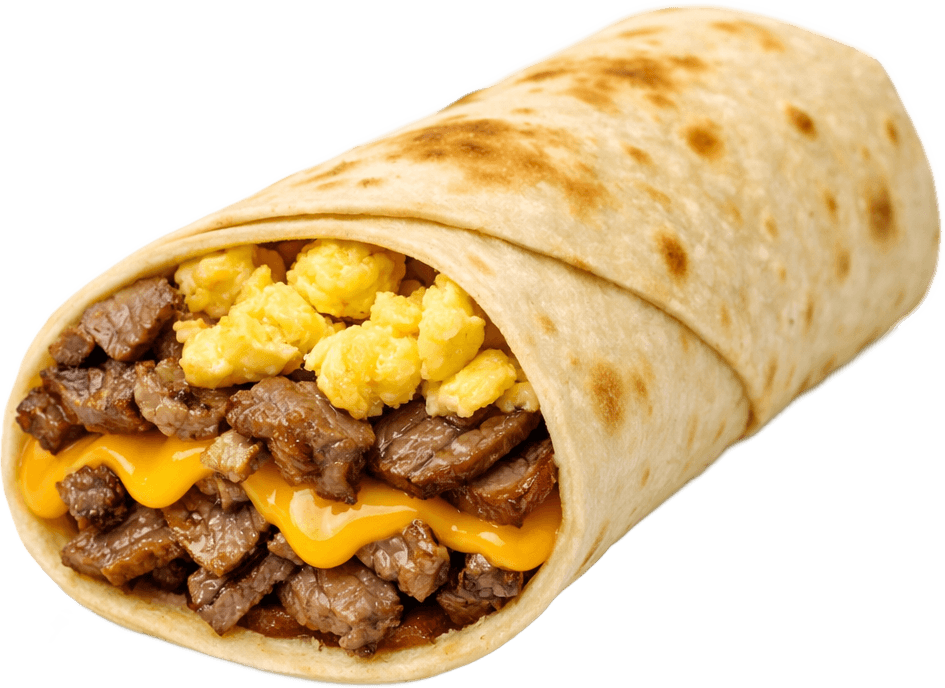 A steak, egg and cheese wrap cut in half