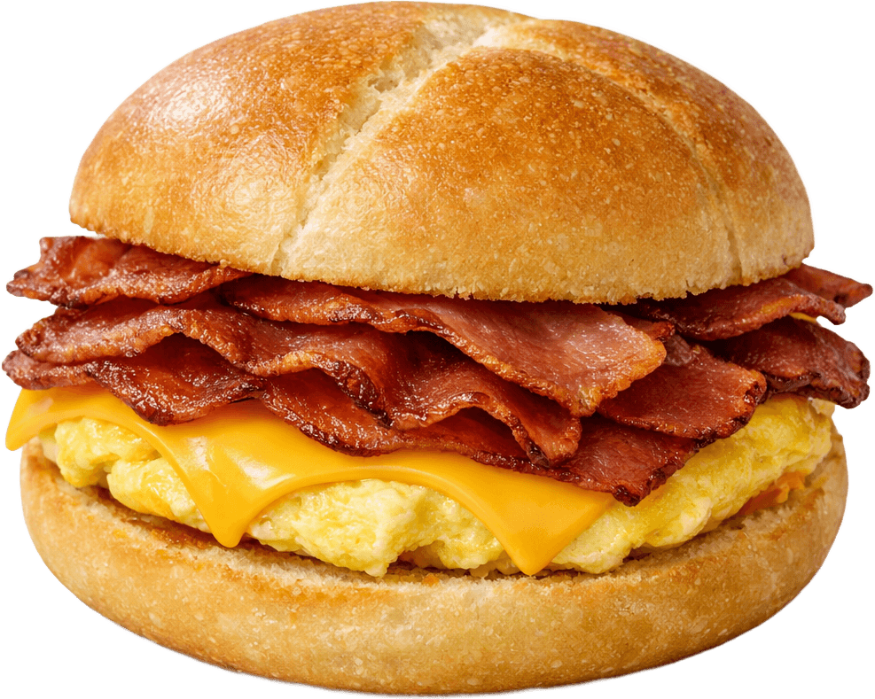 A turkey bacon, egg and cheese sandwich on a kaiser roll