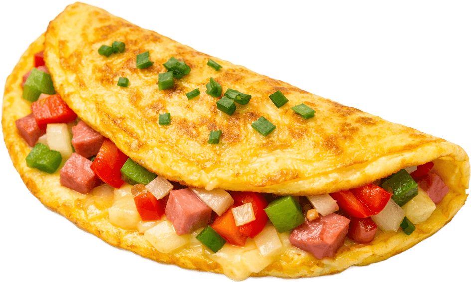 A folded western omelette with peppers, onion, ham and cheese