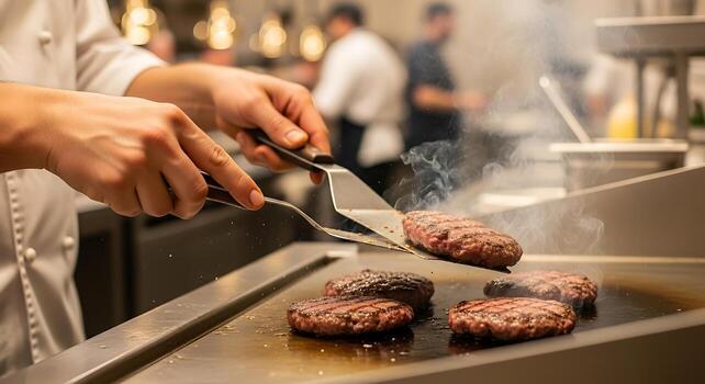 A cook flipping burger patties on the flat-top grill