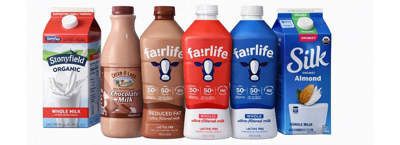 Half gallons of milk in the cooler: whole, chocolate, reduced fat and almond milk cartons and bottles in a row