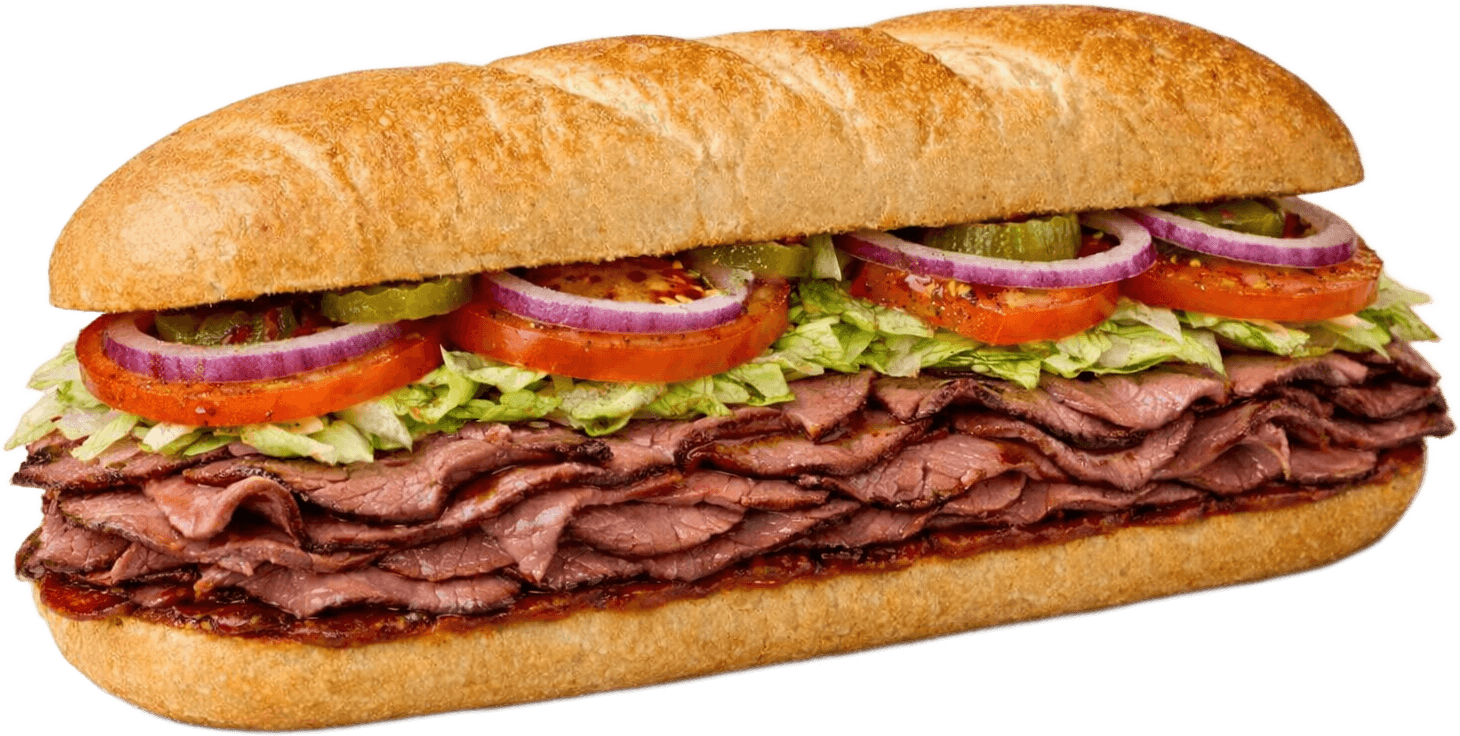 Roast beef and cheddar sub with lettuce and tomato