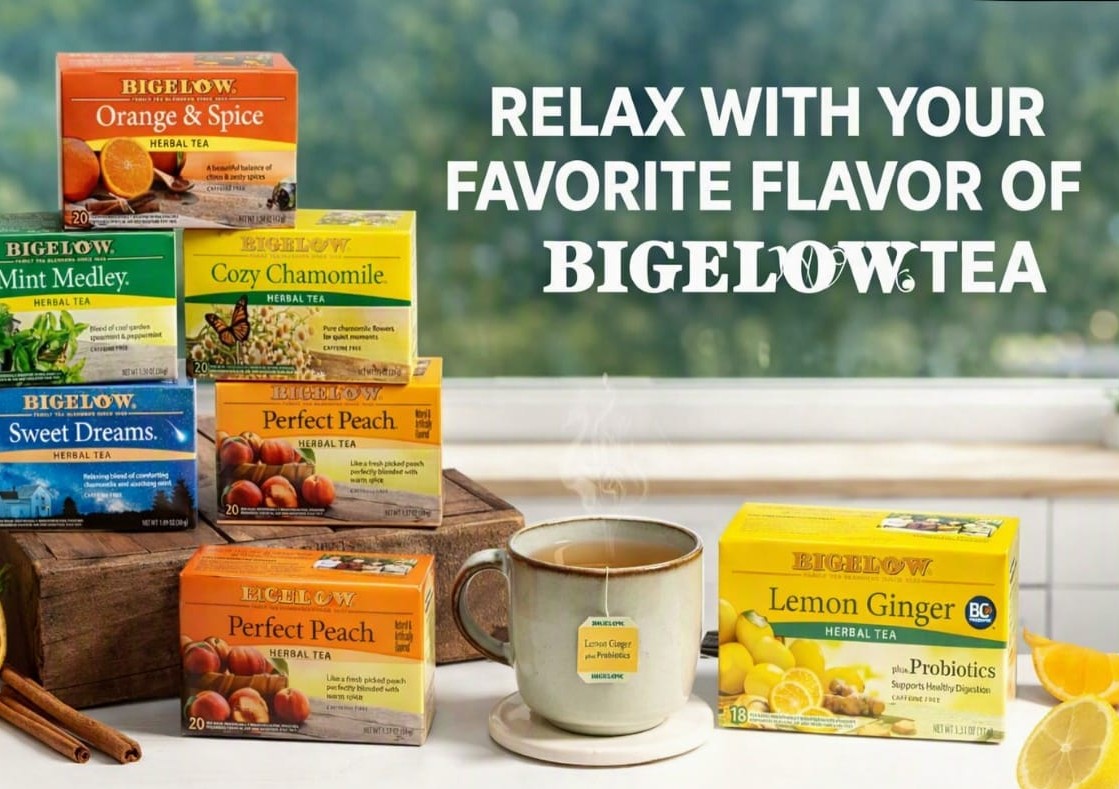 Boxes of Bigelow herbal tea beside a steaming cup of tea, with the words Relax with your favorite flavor of Bigelow tea