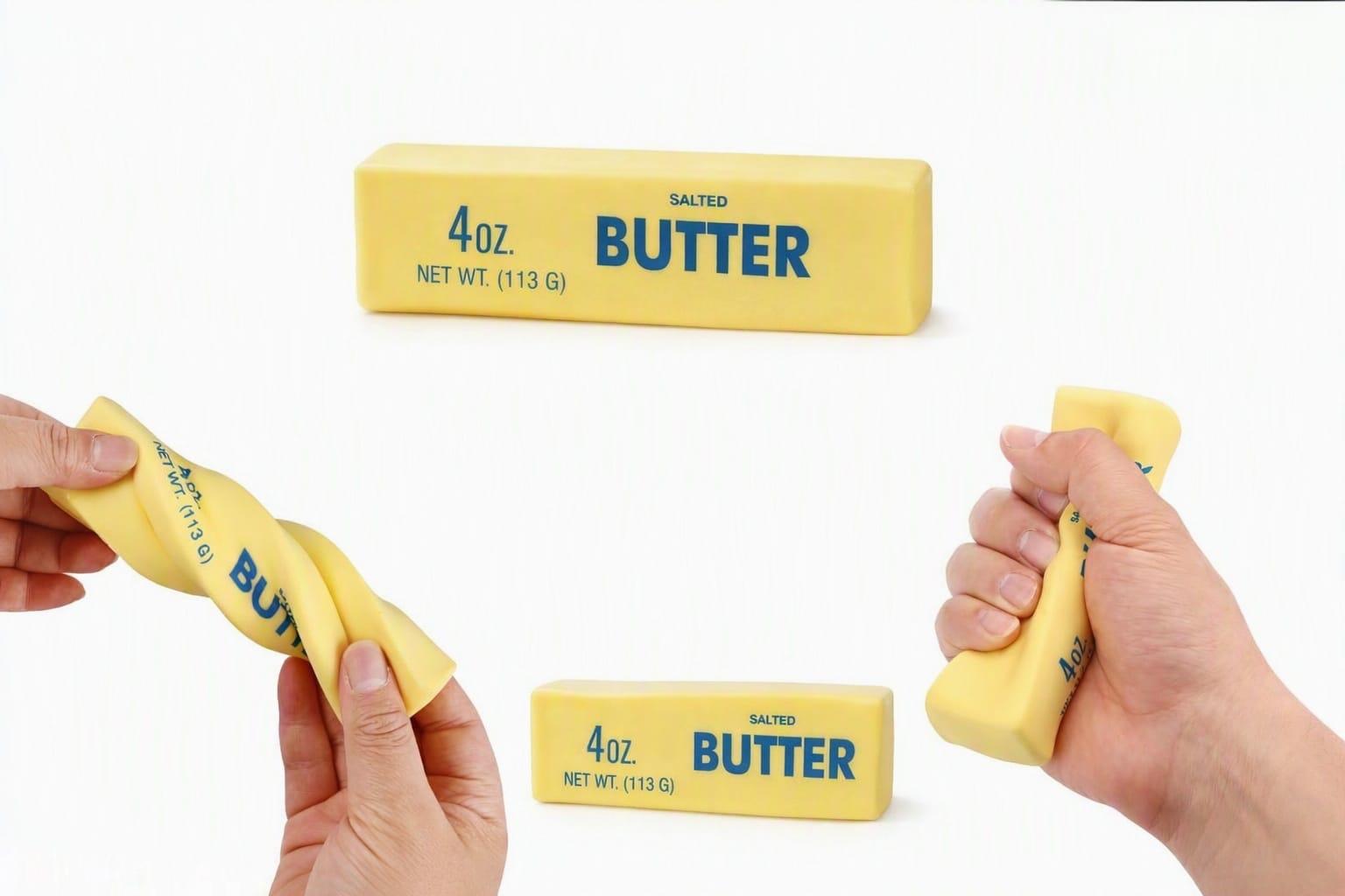 A butter-stick squishy toy, and two hands twisting and squeezing it