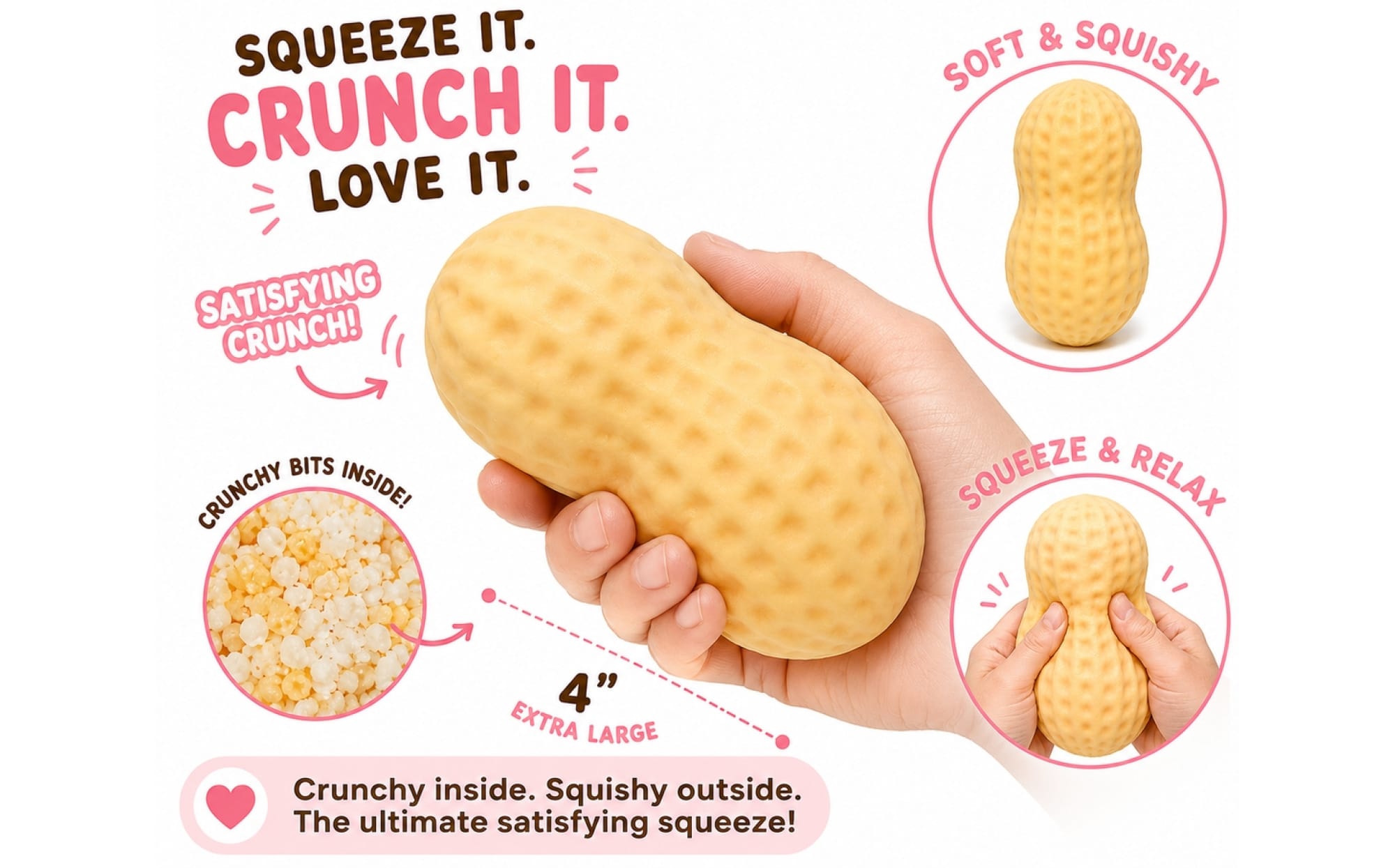 A hand squeezing a large peanut-shaped squishy, with notes that it is soft, crunchy inside and four inches long