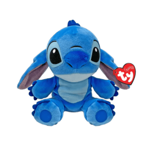 A small blue plush toy sitting up, with a Ty heart tag
